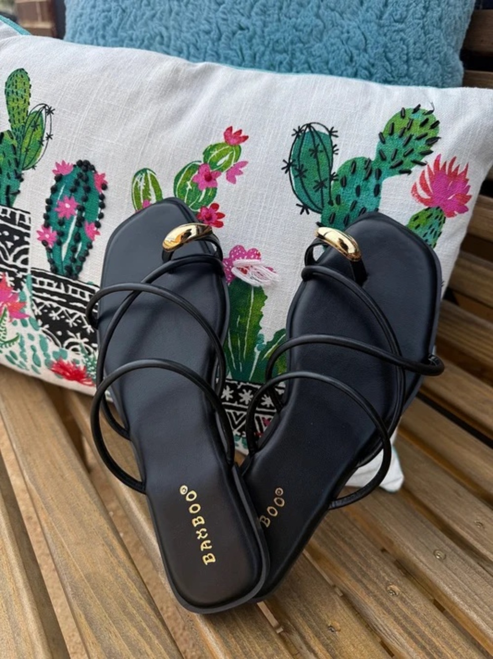 BAMBOO Black Strappy Slide Sandals with Gold Ring Detail
